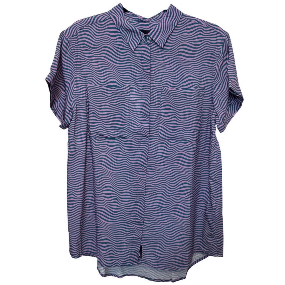 Wildfang Womens the Empower Short Sleeve Button Up Shirt S Pink Teal Wavy Retro
